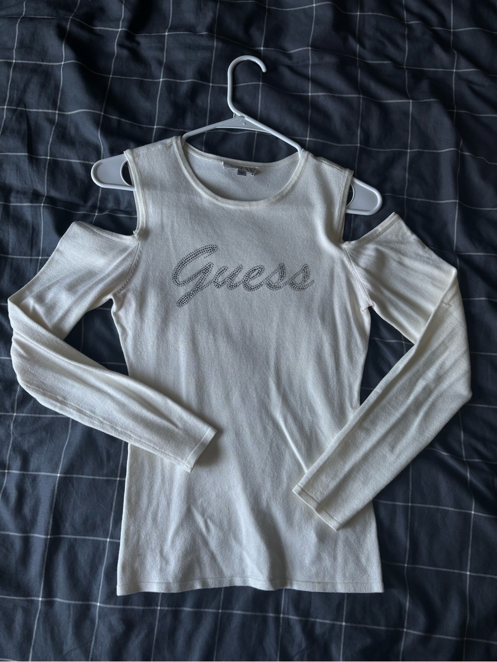 Guess White Cold-Shoulder Long Sleeve Top with Logo Rhinestones